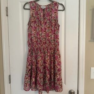 Evereve Floral Satin Dress Smocked Purple Eyelet Size Large